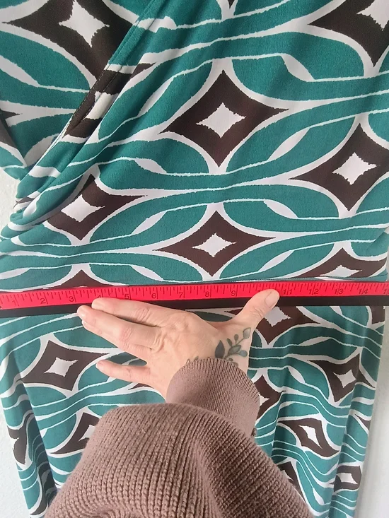 GBY Wrap Dress Size 14 Green Brown Geometric Stretch Faux Wrap USA Made - Picture 11 of 11